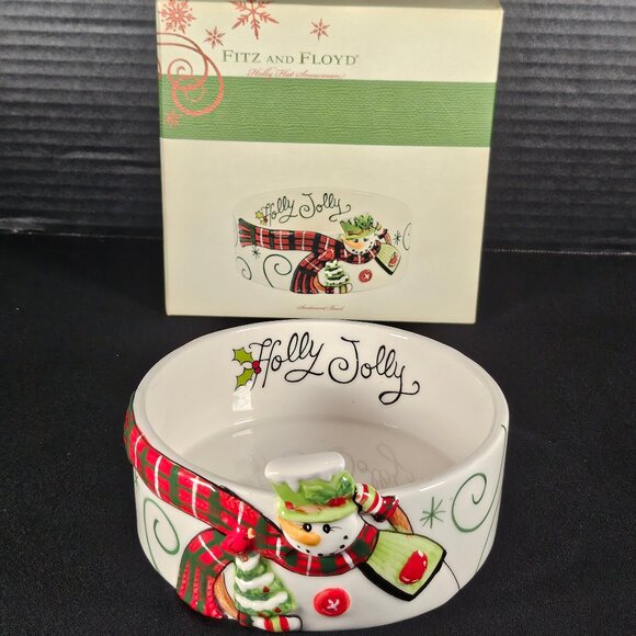 Fitz and Floyd Holly Hat Snowman White Embossed Sentiment Bowl In Original Box - Picture 1 of 11